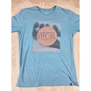 Rip Curl Men's Graphic T-Shirt Teal Palm Tree Beach Scene Size Large